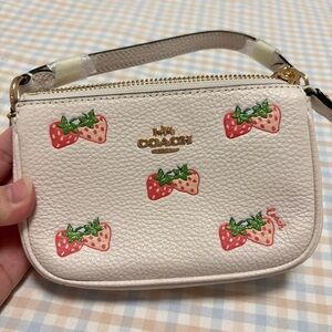 Coach Cream Pebbled Leather Wristlet with Pink Strawberry Print